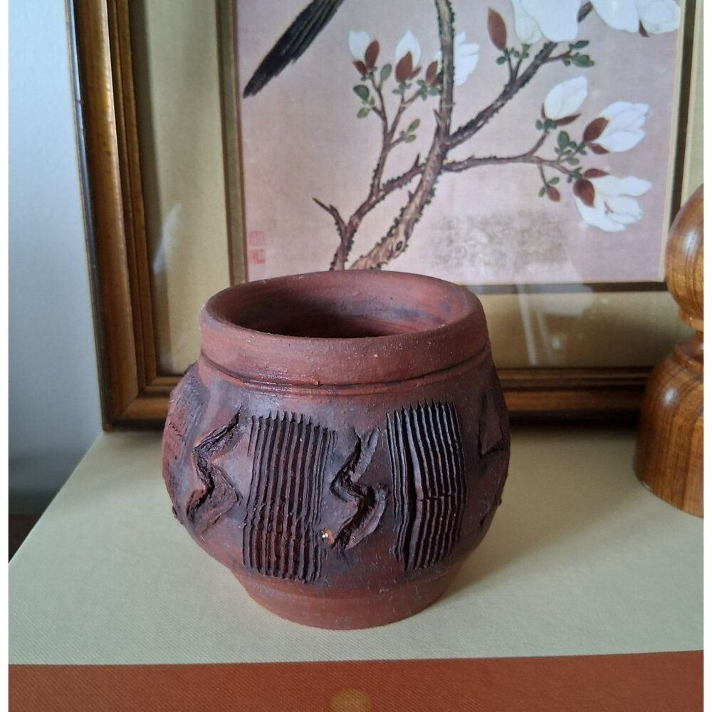 Vintage Handcrafted Terracotta Pot With Embossed Tribal Patterns Rustic Finish